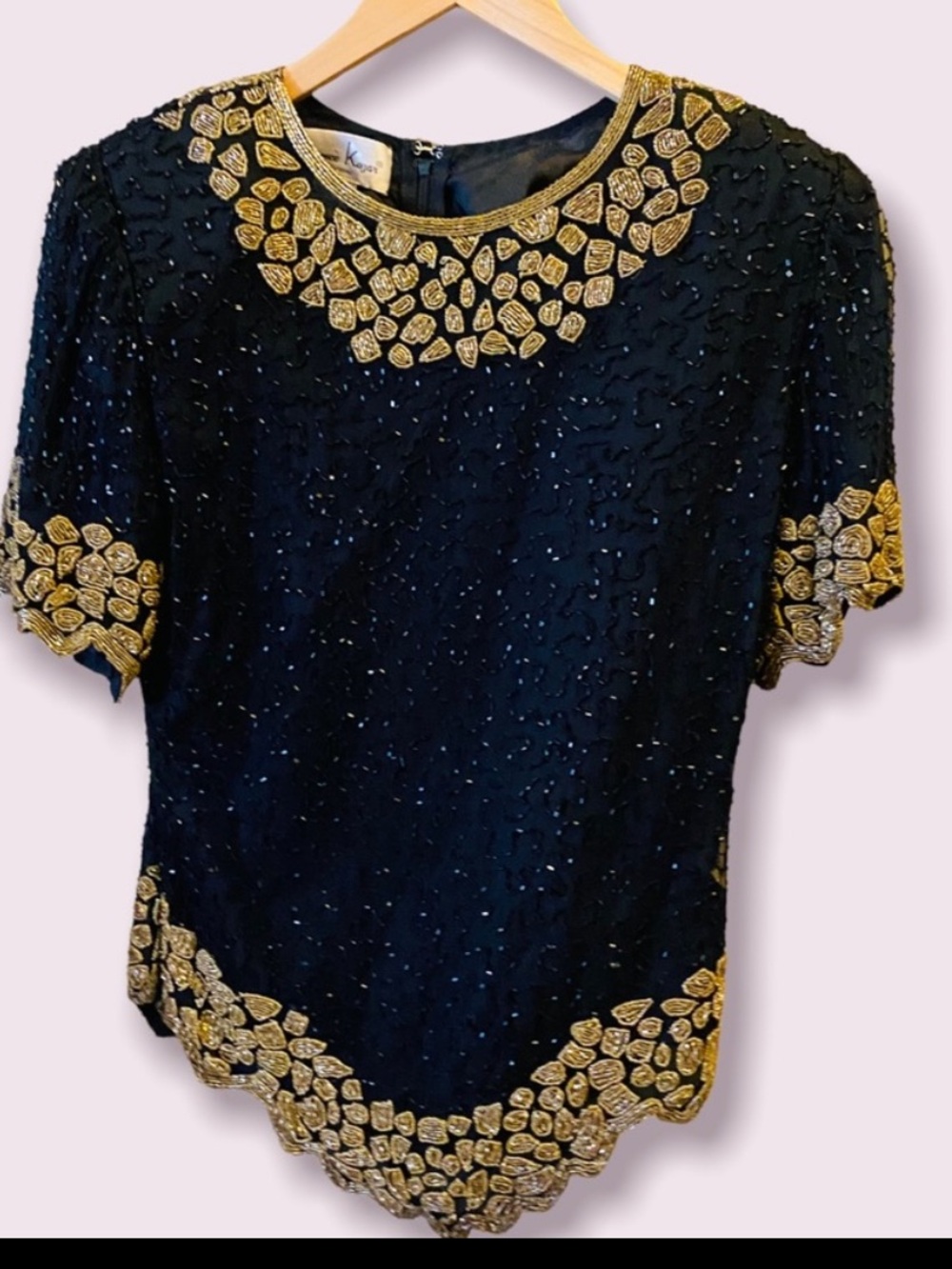 Laurence Kazar Black & Gold Beaded Silk Top